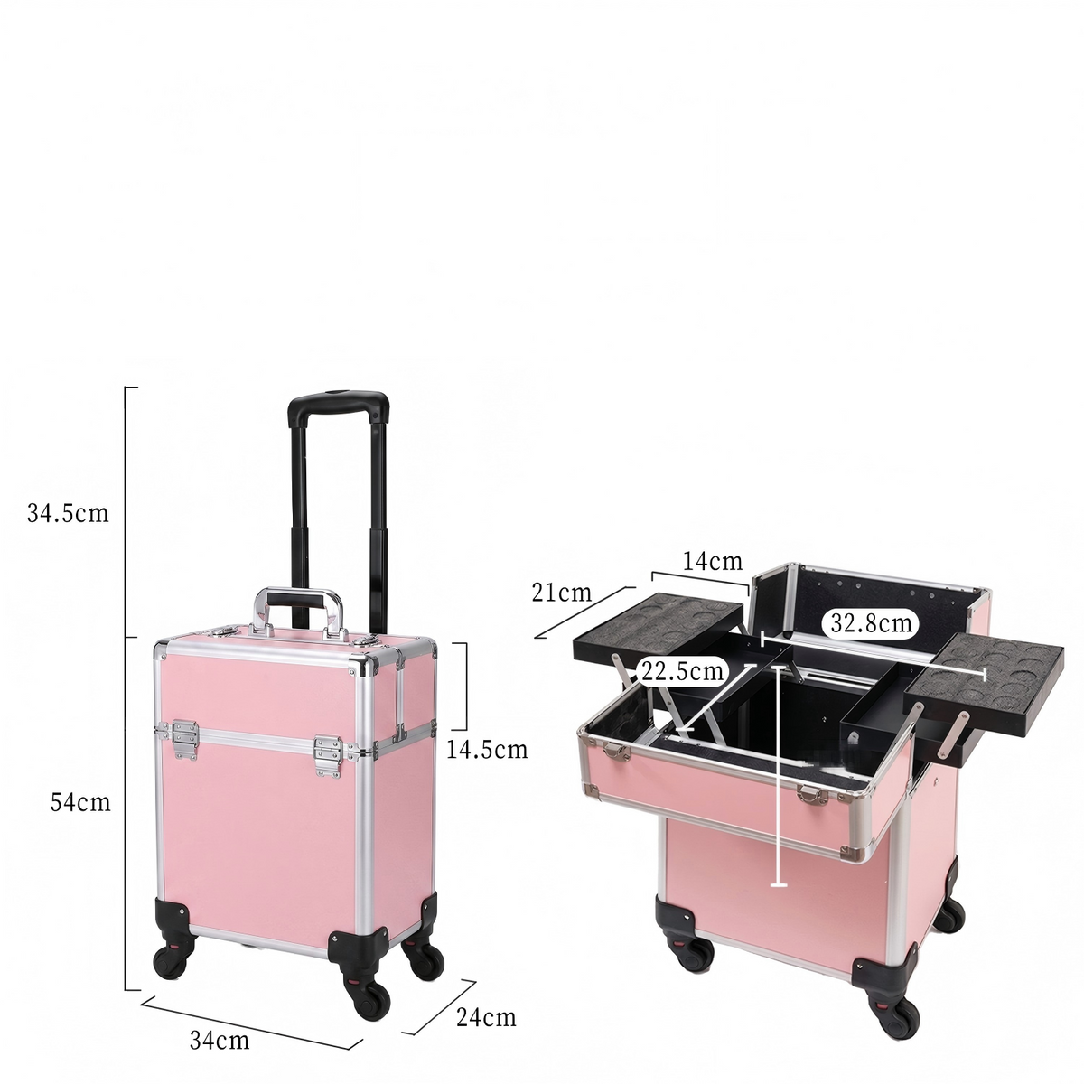 Rolling Makeup Case with 4 Trays – Portable Cosmetic Storage Case with Telescopic Handle and 360° Wheels