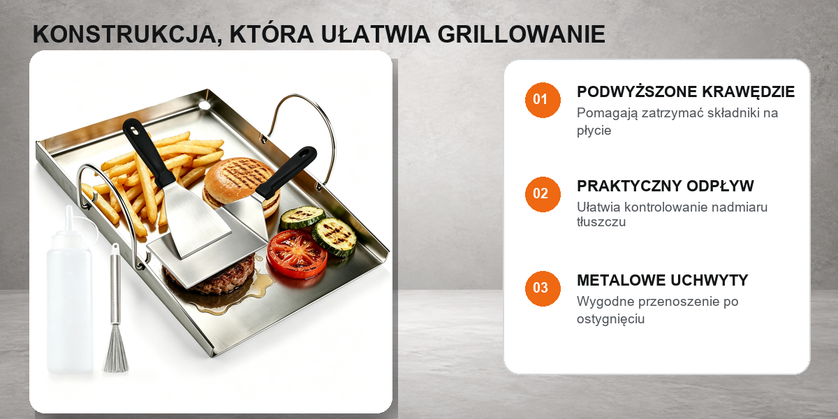 Grillplatte Edelstahl 40×30,5 cm mit 2 Spateln, Flasche & Bürste