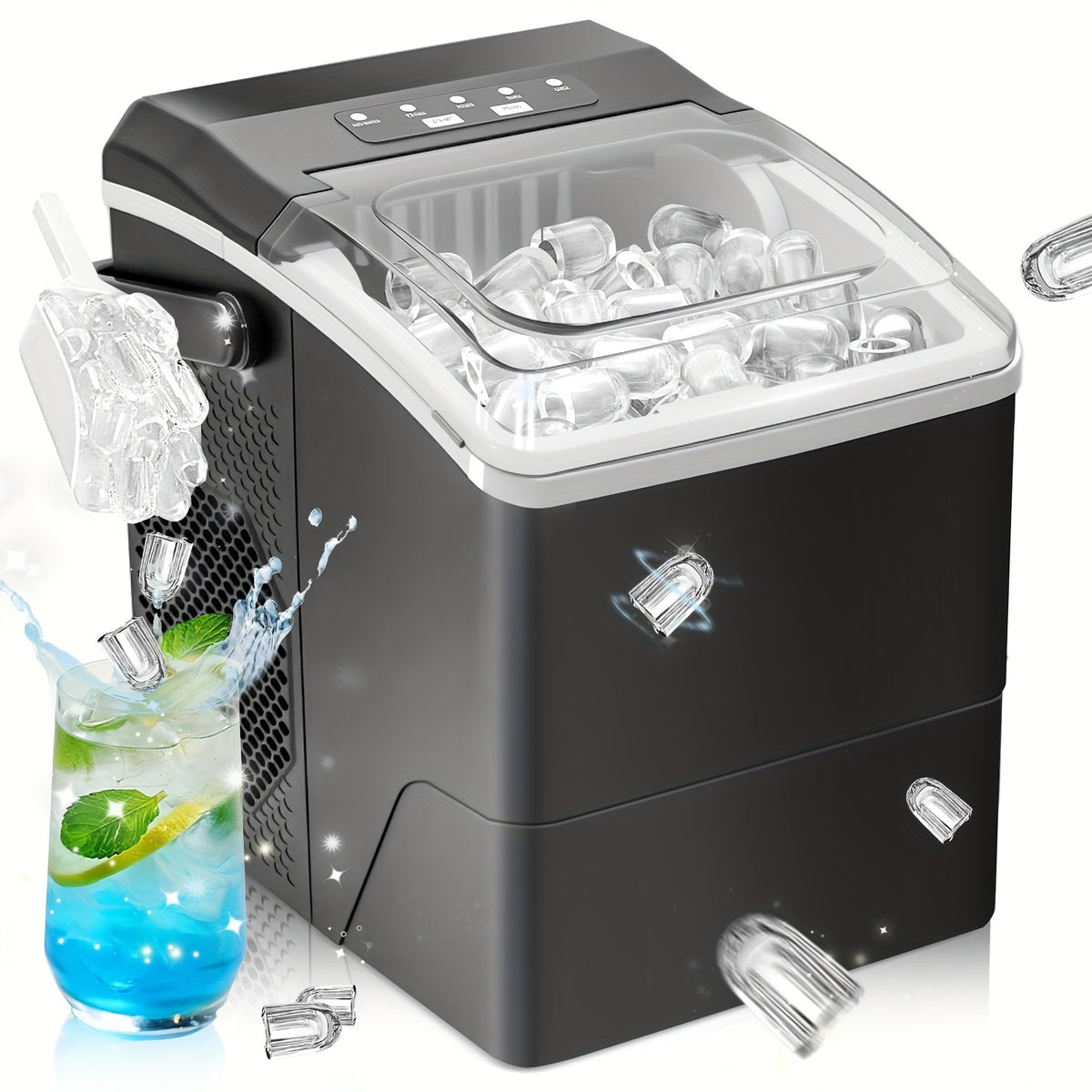 Eiswürfelmaschine kompakt mit Tragegriff – Eismaschine für 2 Eisgrößen, 12 kg/24 Std., inkl. 1,3 L Wassertank