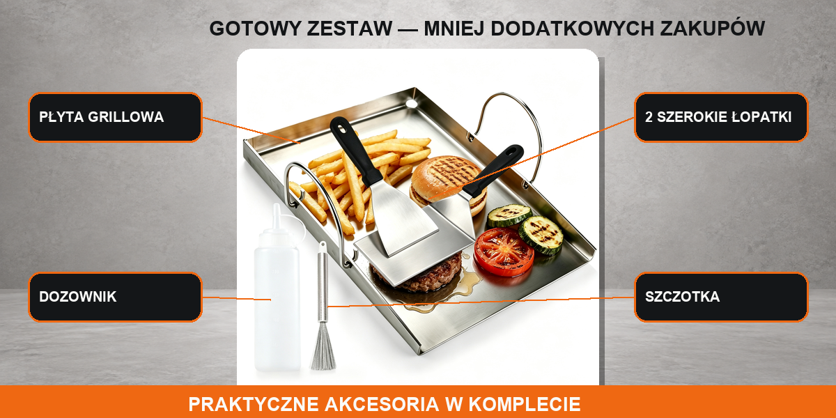 Grillplatte Edelstahl 40×30,5 cm mit 2 Spateln, Flasche & Bürste
