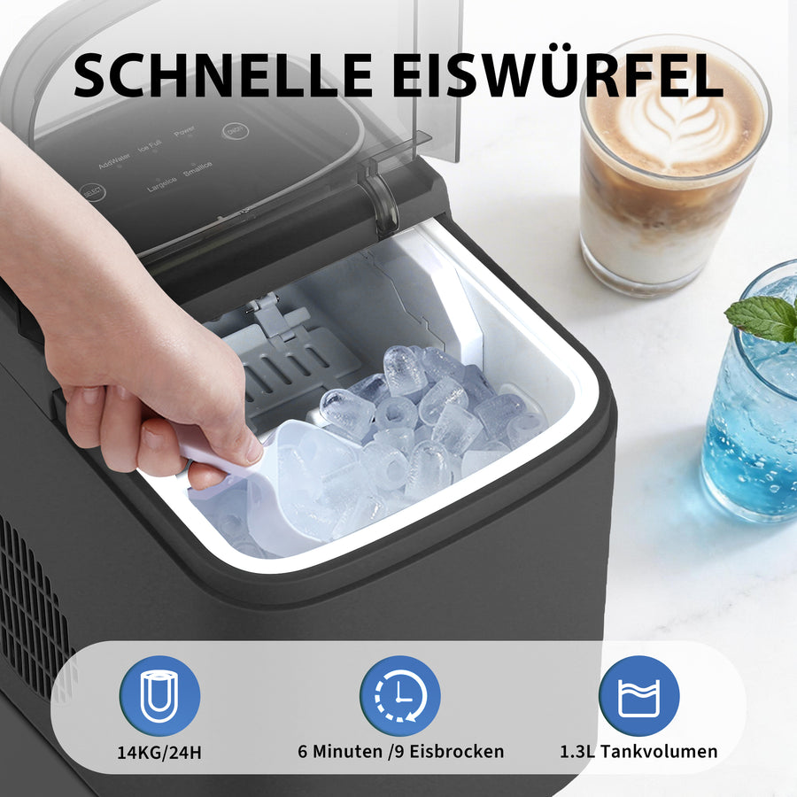 Kompakte Eiswürfelmaschine in Schwarz – 2 Eisgrößen, Selbstreinigung