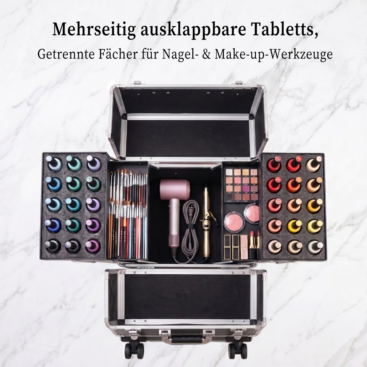 Rolling Makeup Case with 4 Trays – Portable Cosmetic Storage Case with Telescopic Handle and 360° Wheels