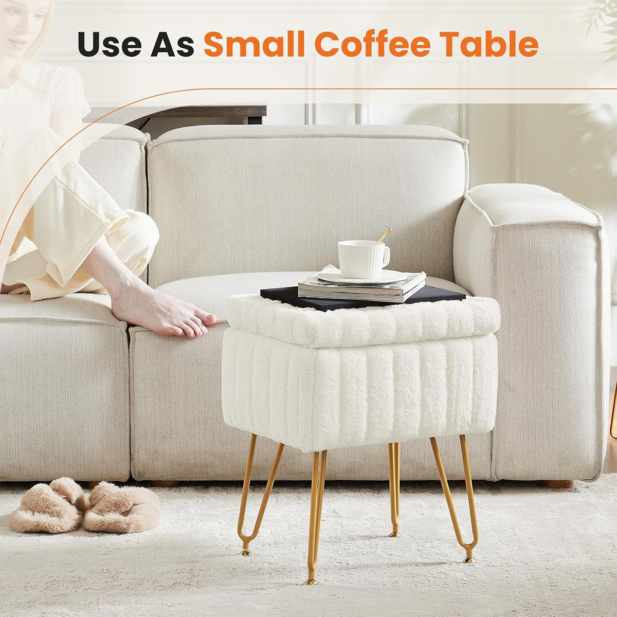 Storage Stool with Padded Seat – Compact Storage Ottoman Bench with Legs, 49 cm Height