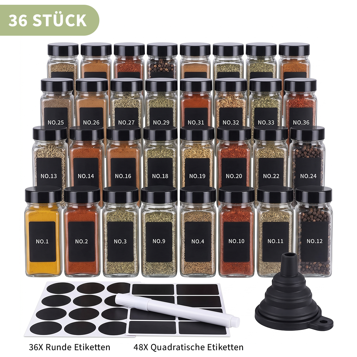 Glass Spice Jars with Lids and Labels – Spice Storage Containers with Pour Spouts, Brush & Marker, 12/24/36 Pack