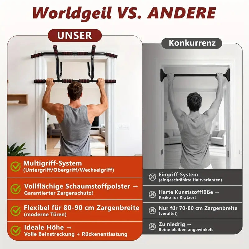 No-drill door-mounted single bar pull-up bar with soft padding and non-slip grip, weight capacity up to 200 kg