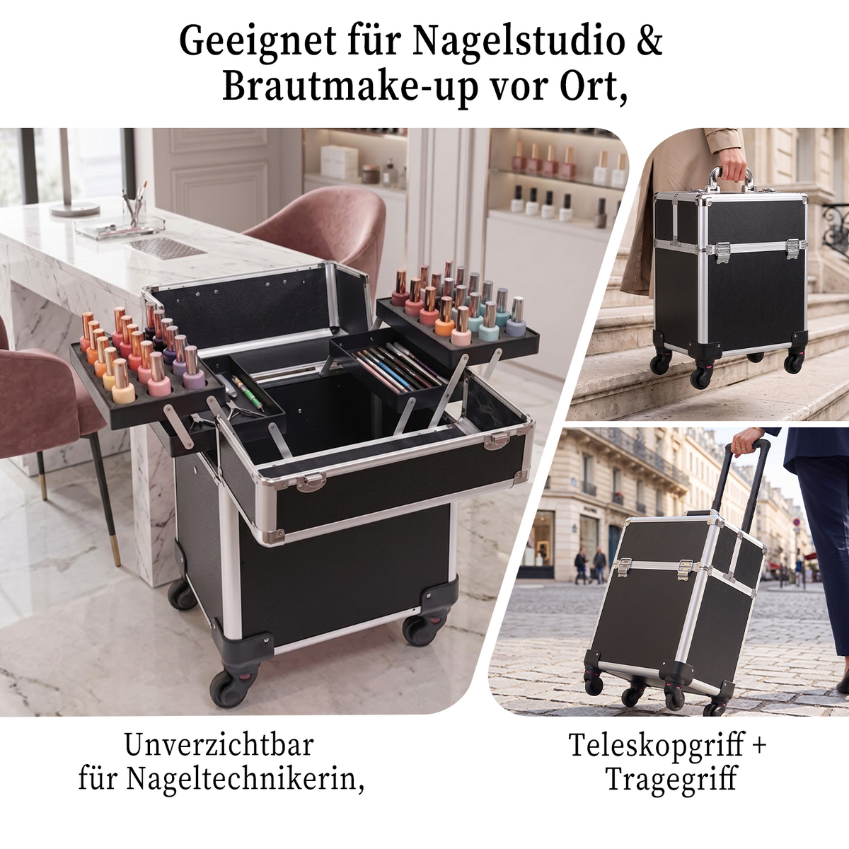 Rolling Makeup Case with 4 Trays – Portable Cosmetic Storage Case with Telescopic Handle and 360° Wheels