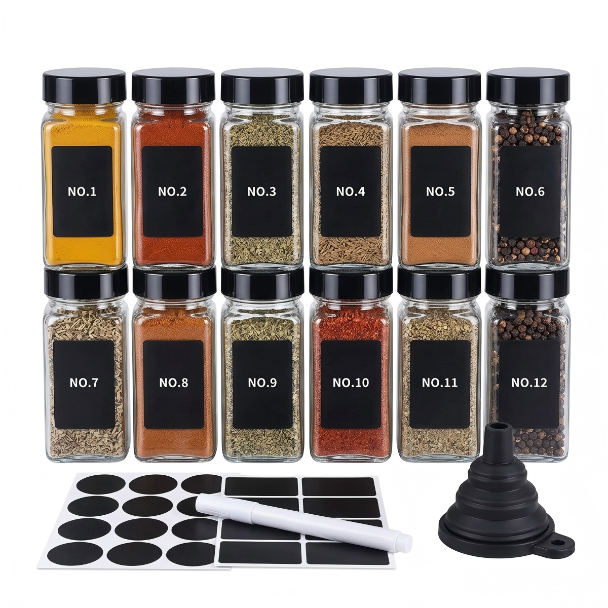 Glass Spice Jars with Lids and Labels – Spice Storage Containers with Pour Spouts, Brush & Marker, 12/24/36 Pack
