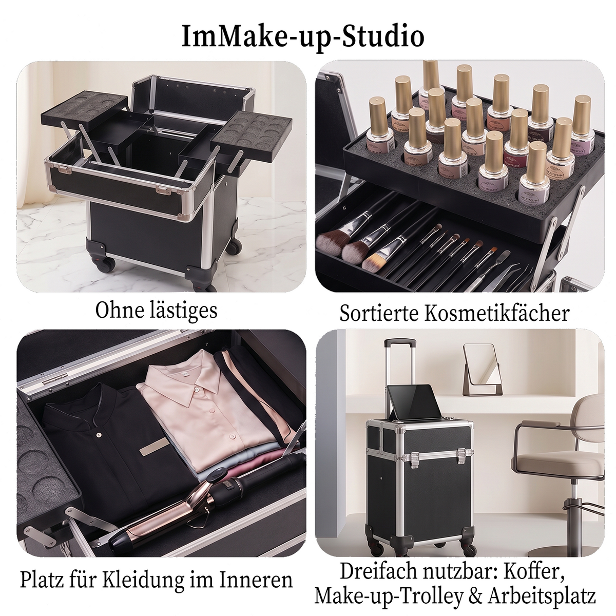 Rolling Makeup Case with 4 Trays – Portable Cosmetic Storage Case with Telescopic Handle and 360° Wheels