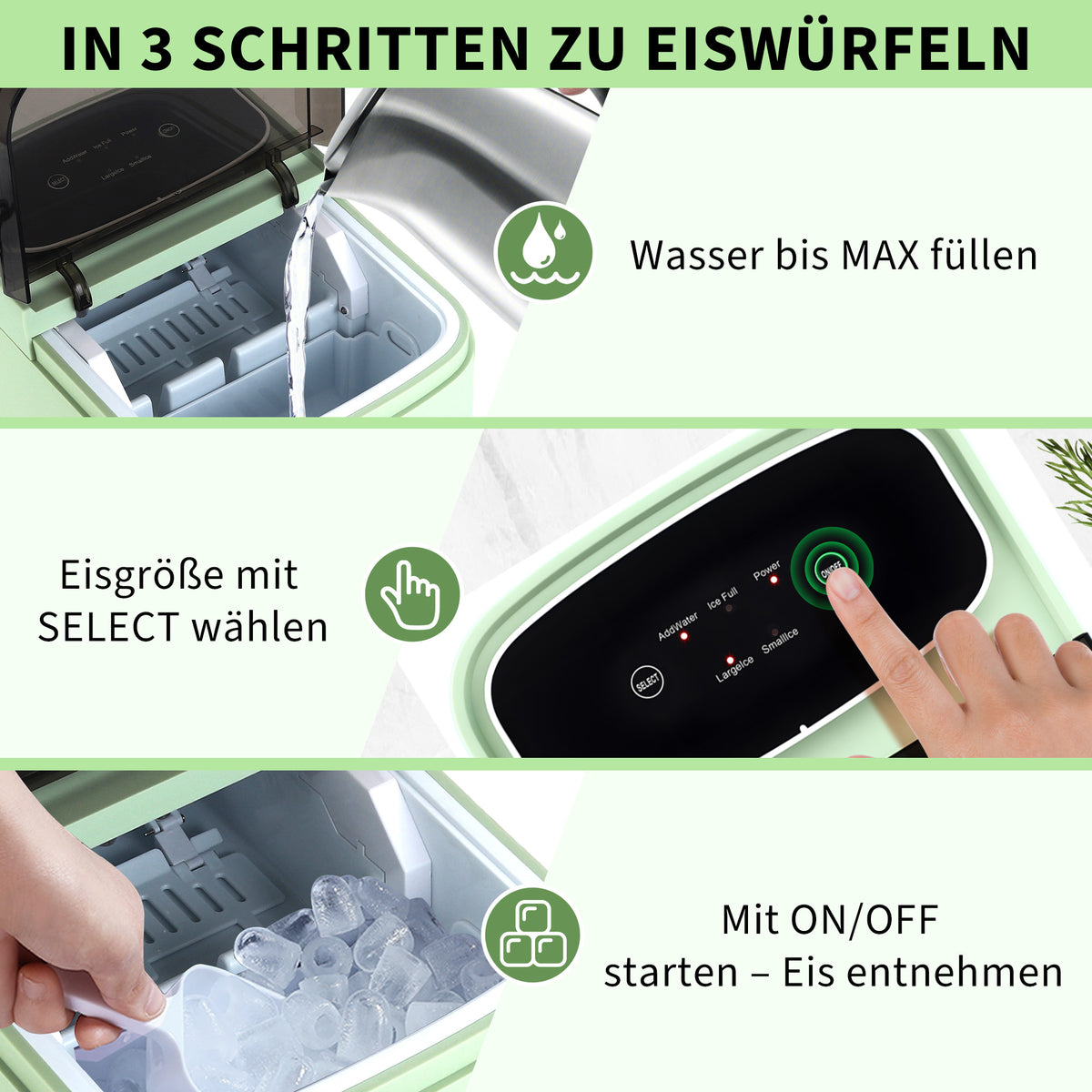 Kompakte Eiswürfelmaschine in Mint – 2 Eisgrößen, Selbstreinigung