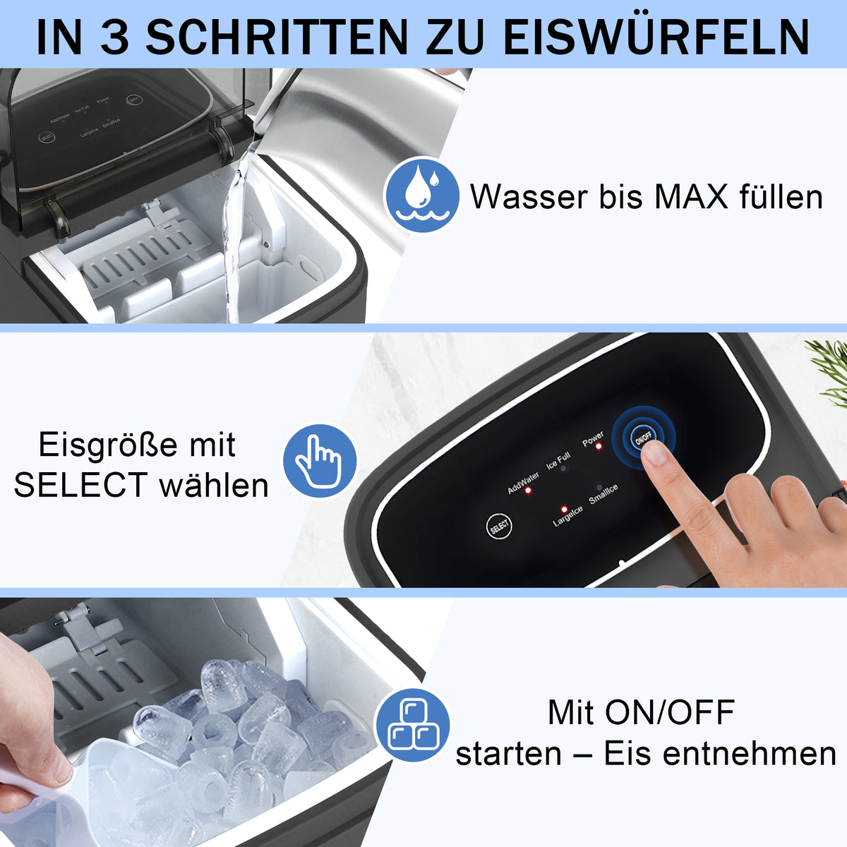 Kompakte Eiswürfelmaschine in Schwarz – 2 Eisgrößen, Selbstreinigung