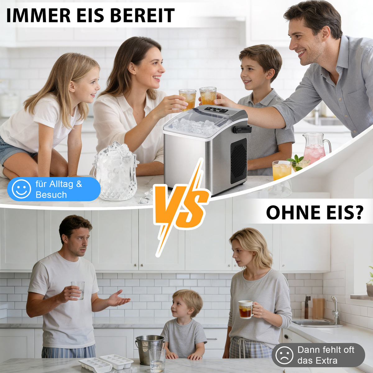 Eiswürfelmaschine mit Tragegriff – 2 Eiswürfelgrößen, 12 kg/24 h