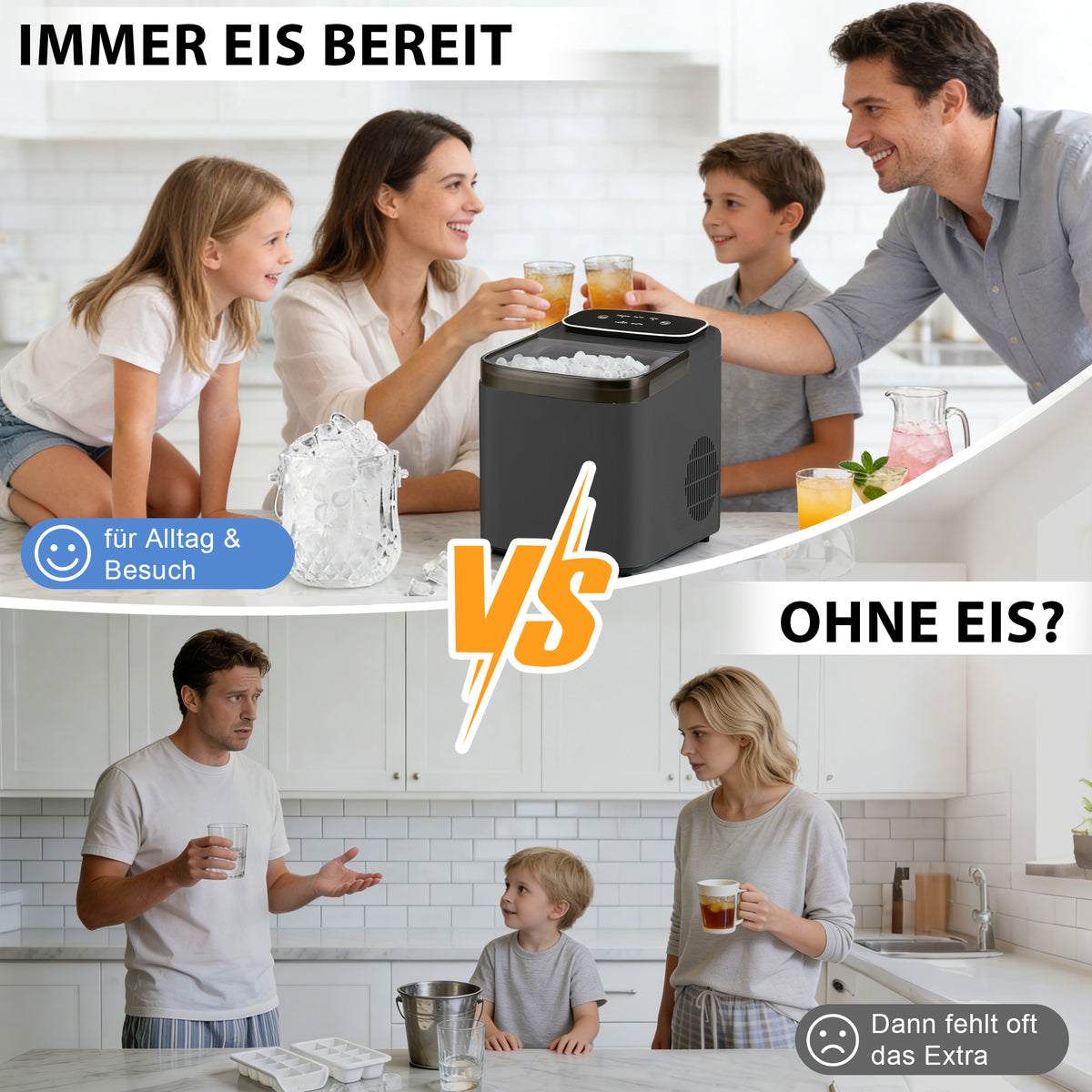 Kompakte Eiswürfelmaschine in Schwarz – 2 Eisgrößen, Selbstreinigung