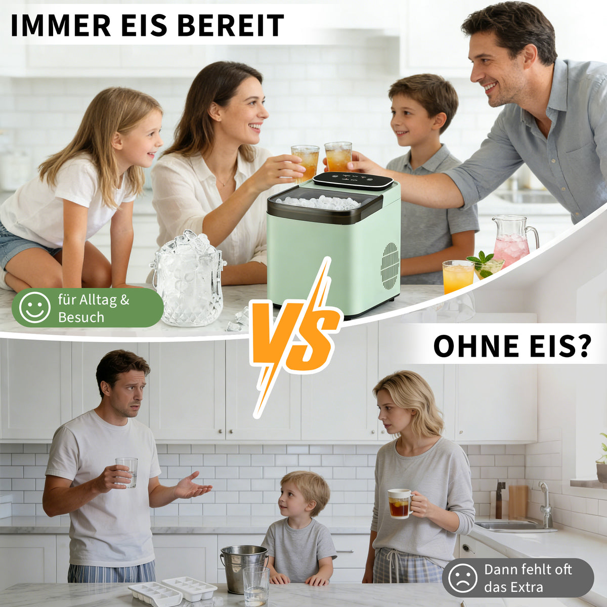 Kompakte Eiswürfelmaschine in Mint – 2 Eisgrößen, Selbstreinigung