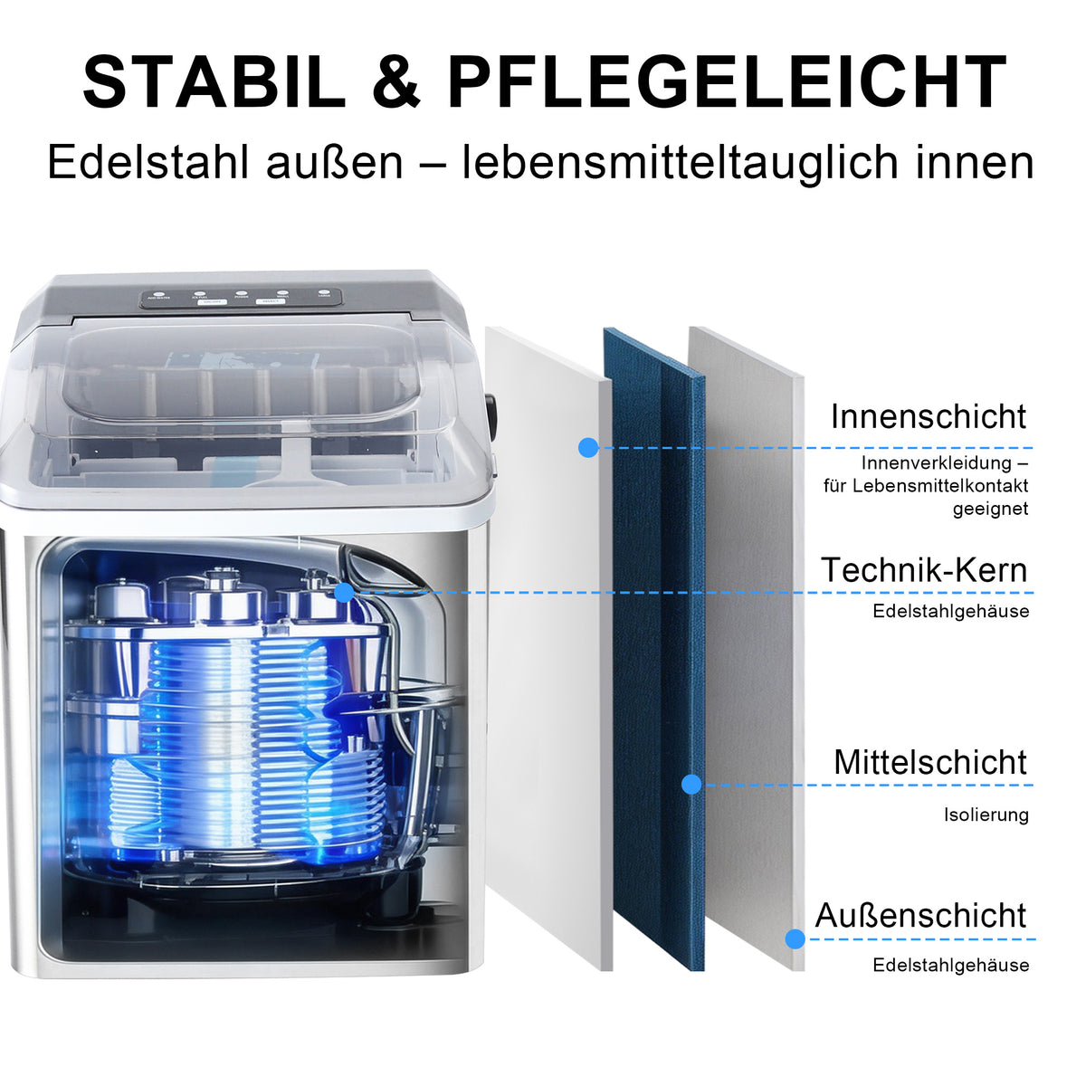 Eiswürfelmaschine mit Tragegriff – 2 Eiswürfelgrößen, 12 kg/24 h