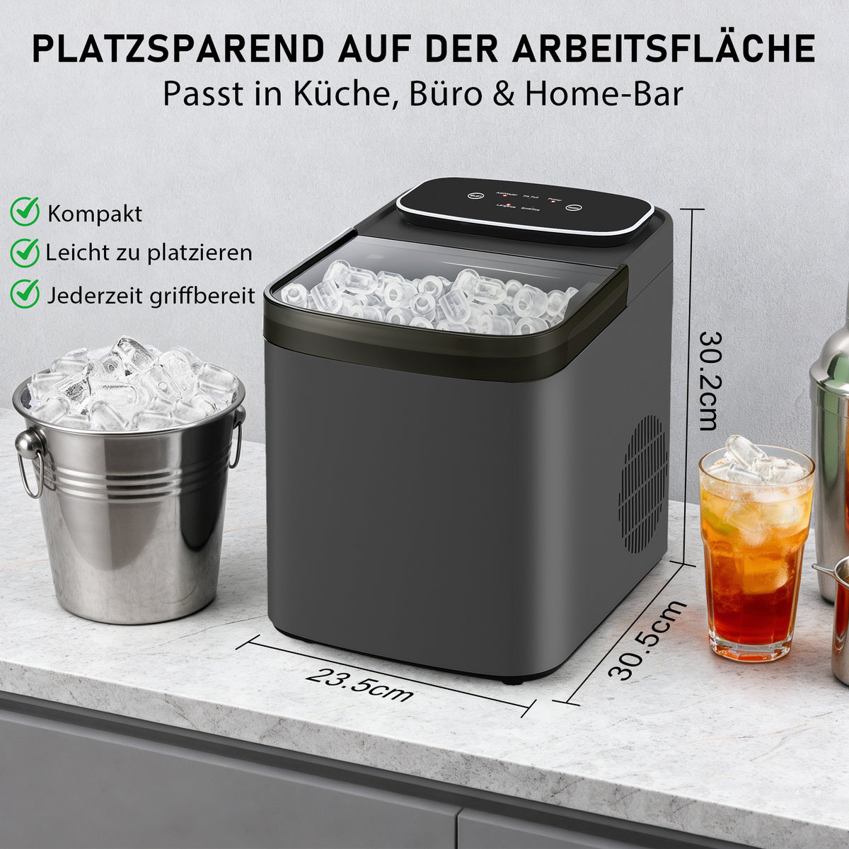 Kompakte Eiswürfelmaschine in Schwarz – 2 Eisgrößen, Selbstreinigung