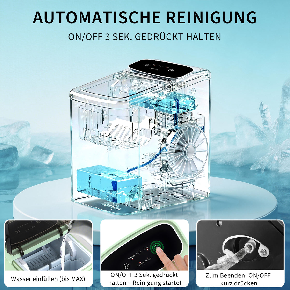 Kompakte Eiswürfelmaschine in Mint – 2 Eisgrößen, Selbstreinigung