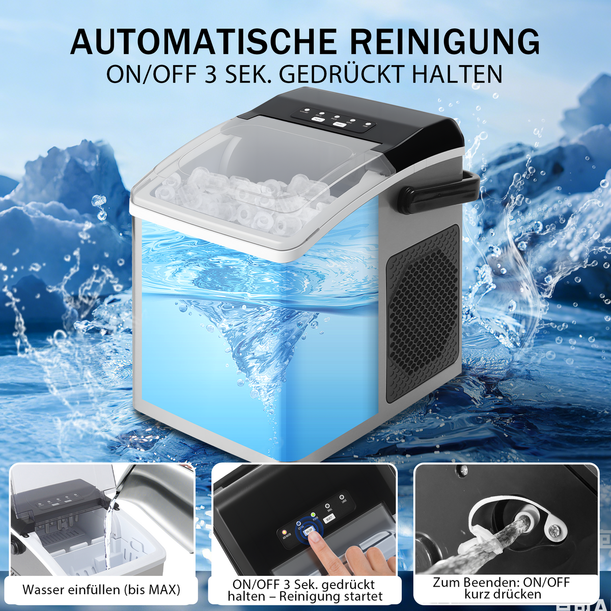 Eiswürfelmaschine mit Tragegriff – 2 Eiswürfelgrößen, 12 kg/24 h