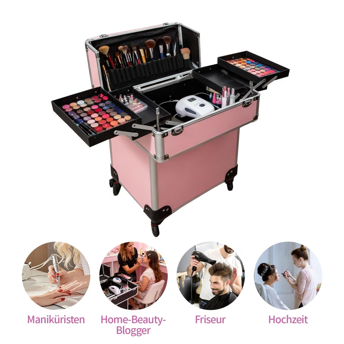 Rolling Makeup Case with 4 Trays – Portable Cosmetic Storage Case with Telescopic Handle and 360° Wheels