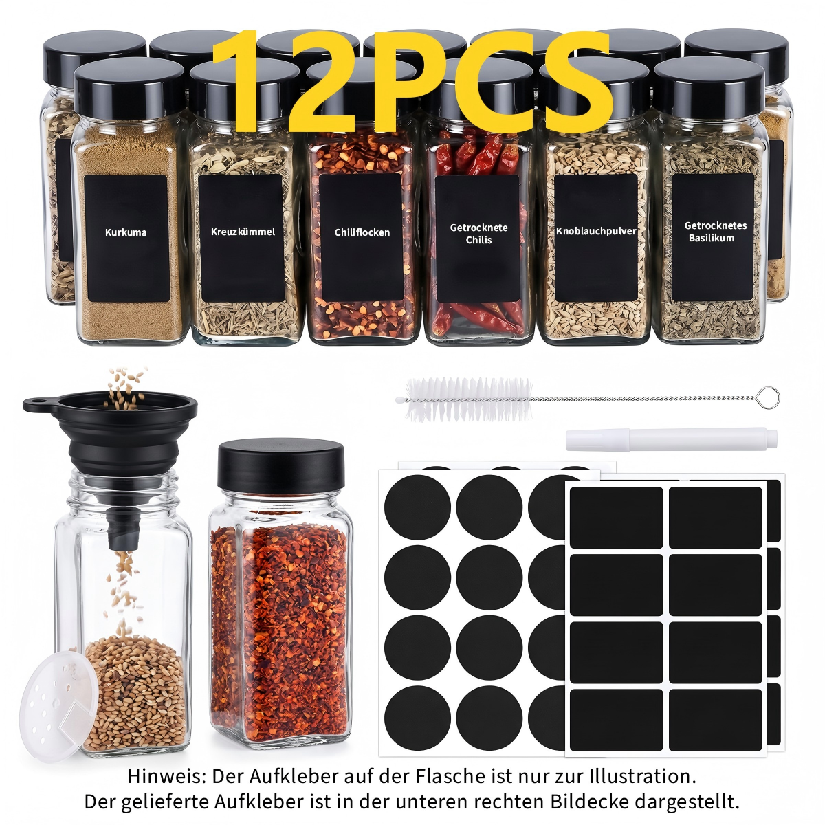 Glass Spice Jars with Lids and Labels – Spice Storage Containers with Pour Spouts, Brush & Marker, 12/24/36 Pack
