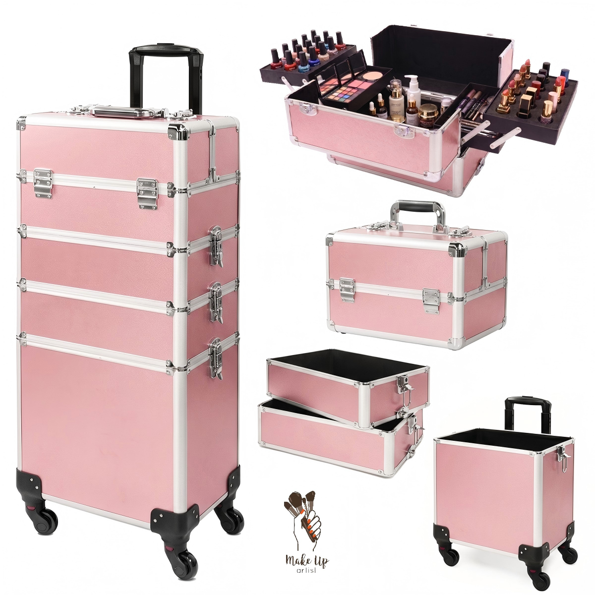 4-in-1 Modular Rolling Makeup Case – Detachable 4-Tier Cosmetic Storage Case with Telescopic Handle & 360° Wheels