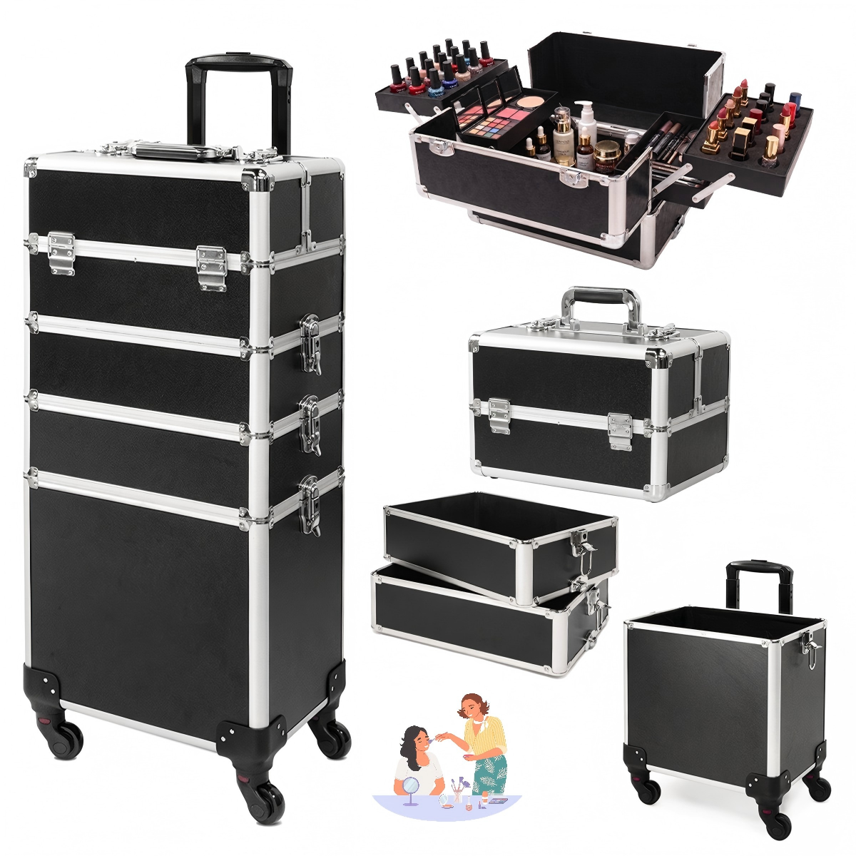 4-in-1 Modular Rolling Makeup Case – Detachable 4-Tier Cosmetic Storage Case with Telescopic Handle & 360° Wheels