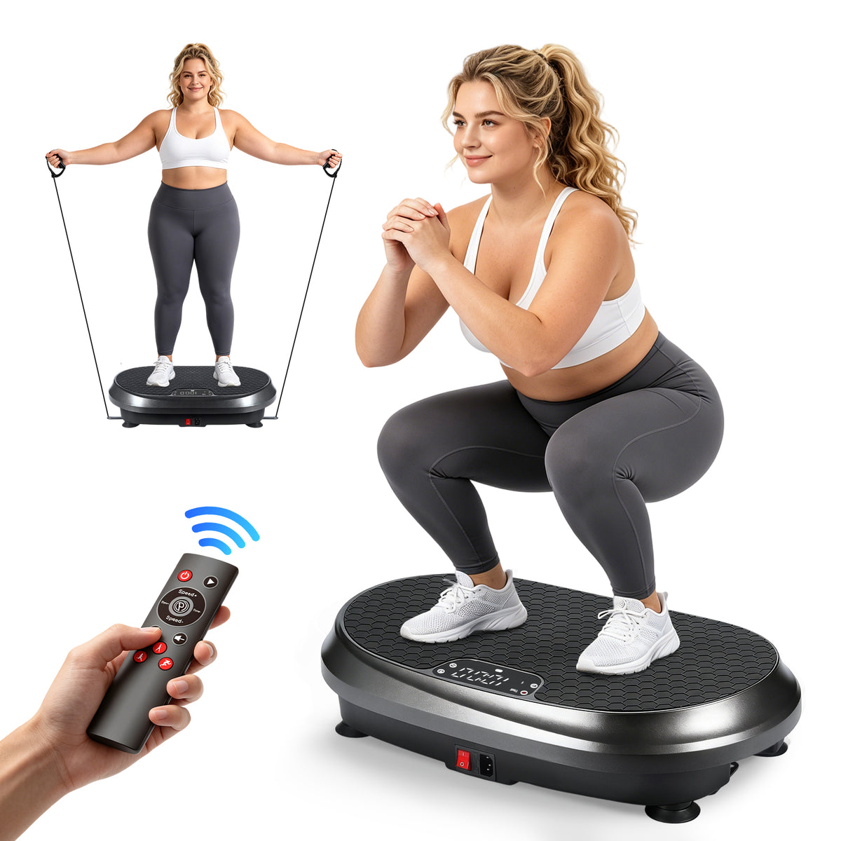 Home use exercise vibration plate High stability Non-slip foot pads Quiet operation Remote control Resistance band LED display