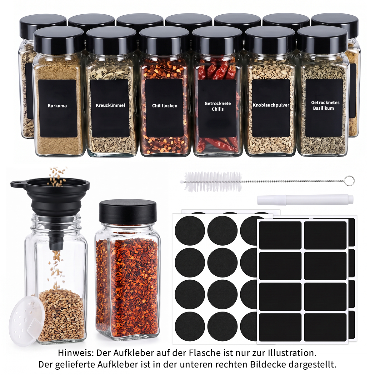 Glass Spice Jars with Lids and Labels – Spice Storage Containers with Pour Spouts, Brush & Marker, 12/24/36 Pack