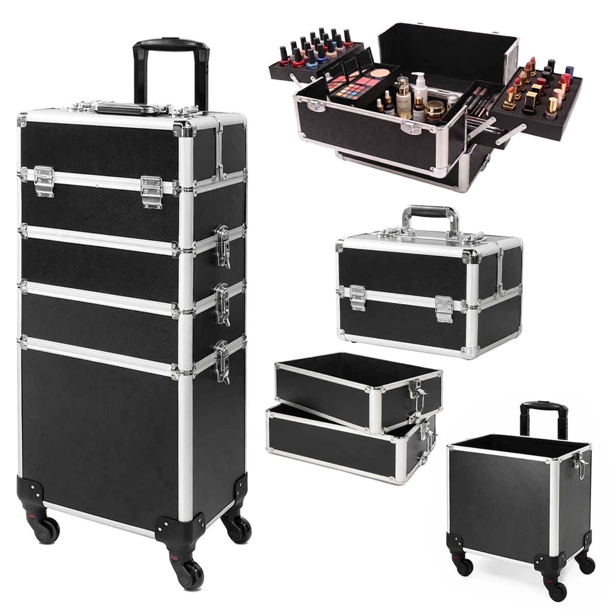 4-in-1 Modular Rolling Makeup Case – Detachable 4-Tier Cosmetic Storage Case with Telescopic Handle & 360° Wheels
