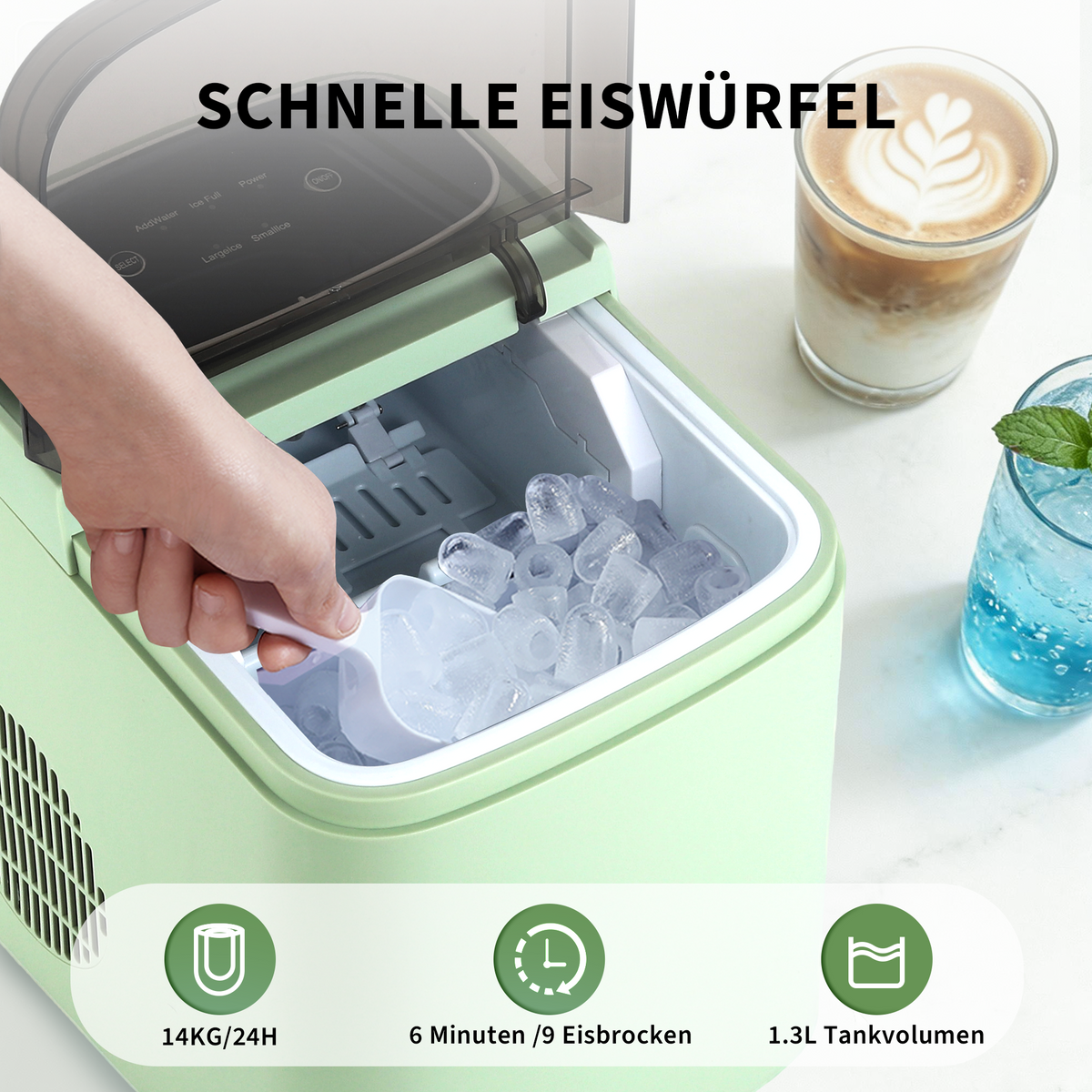 Kompakte Eiswürfelmaschine in Mint – 2 Eisgrößen, Selbstreinigung
