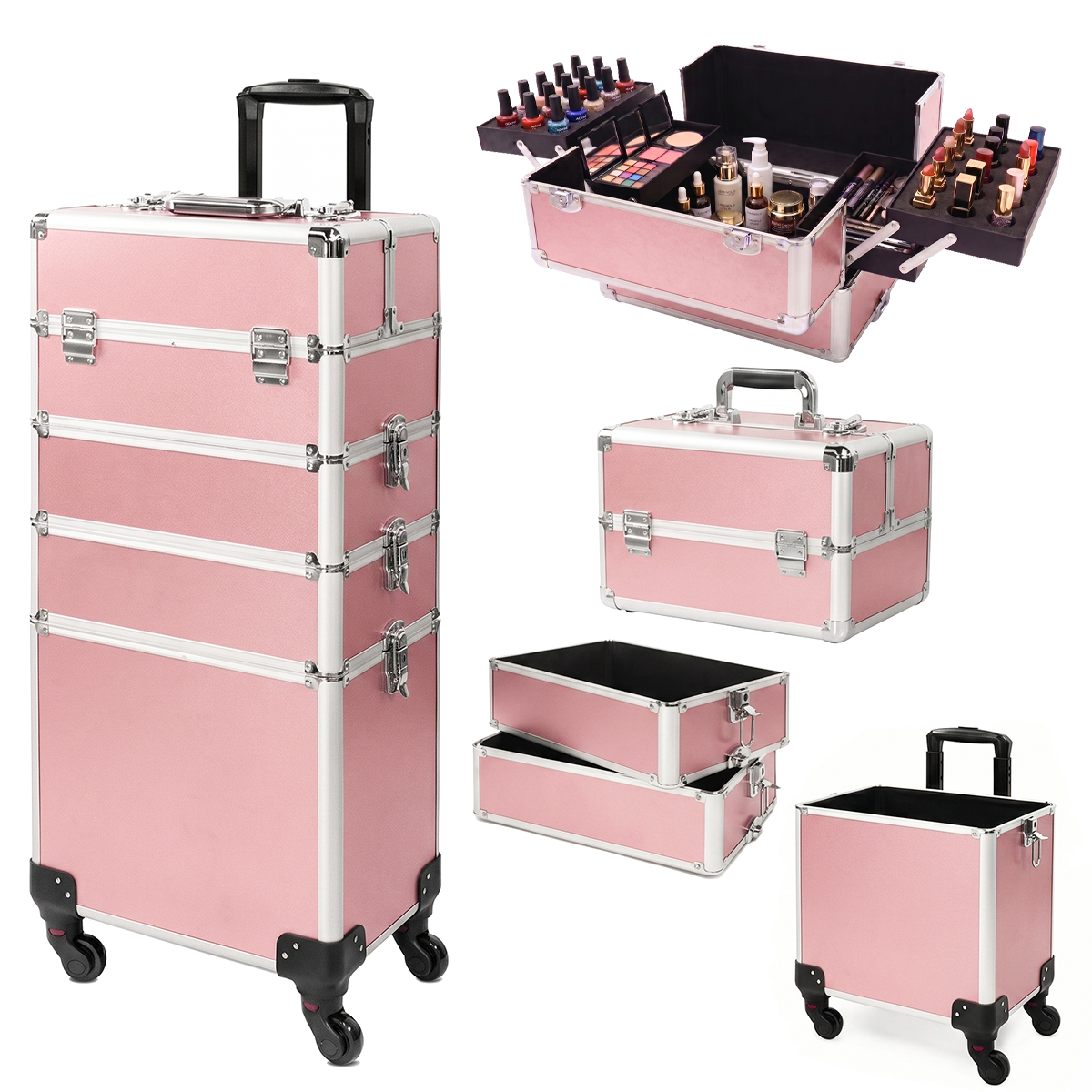 4-in-1 Modular Rolling Makeup Case – Detachable 4-Tier Cosmetic Storage Case with Telescopic Handle & 360° Wheels