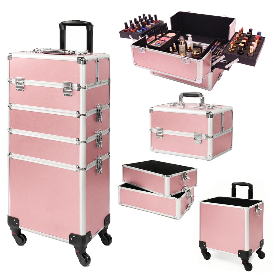 4-in-1 Modular Rolling Makeup Case – Detachable 4-Tier Cosmetic Storage Case with Telescopic Handle & 360° Wheels