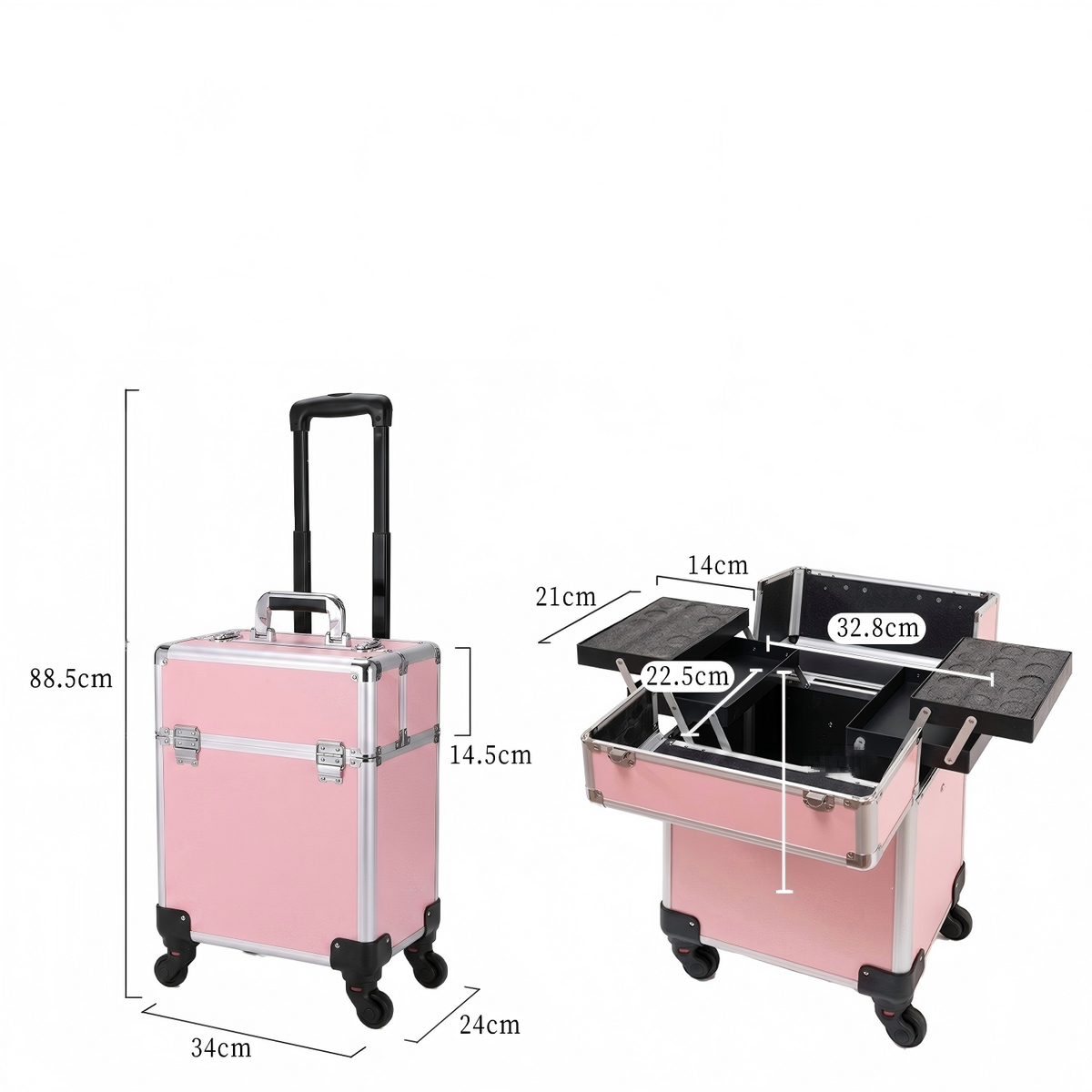 Rolling Makeup Case with 4 Trays – Portable Cosmetic Storage Case with Telescopic Handle and 360° Wheels
