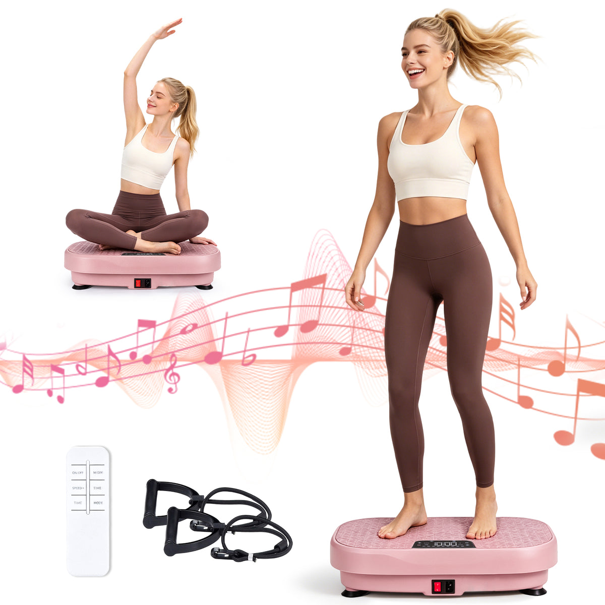 Pink home sports vibration plate high stability non-slip foot pads silent operation remote control resistance bands LED display