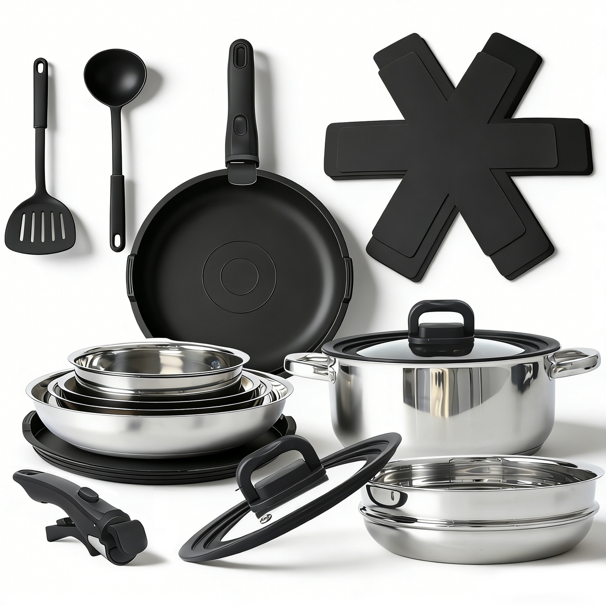 17-Piece Cookware Set – Stainless Steel Pots, Frying Pans, Steamer & Kitchen Bowls with Glass Lid