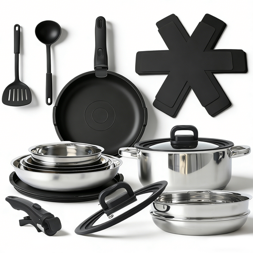 17-Piece Cookware Set – Stainless Steel Pots, Frying Pans, Steamer & Kitchen Bowls with Glass Lid