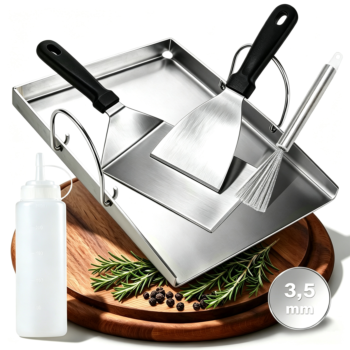 Grillplatte Edelstahl 40×30,5 cm mit 2 Spateln, Flasche & Bürste