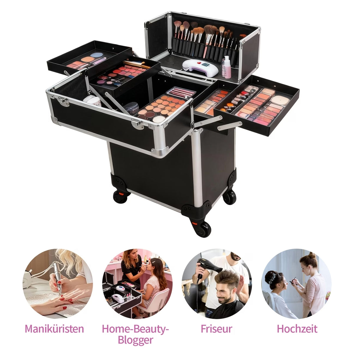 Rolling Makeup Case with 4 Trays – Portable Cosmetic Storage Case with Telescopic Handle and 360° Wheels