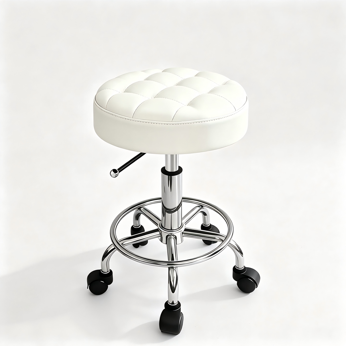 Adjustable Work Stool with Wheels – Padded PU Leather Seat, 360° Swivel, 46–60 cm