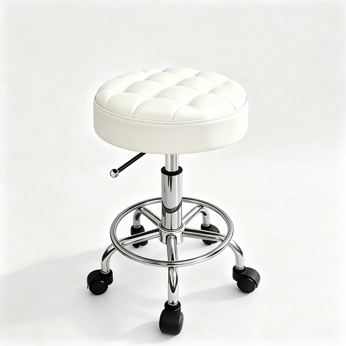 Adjustable Work Stool with Wheels – Padded PU Leather Seat, 360° Swivel, 46–60 cm