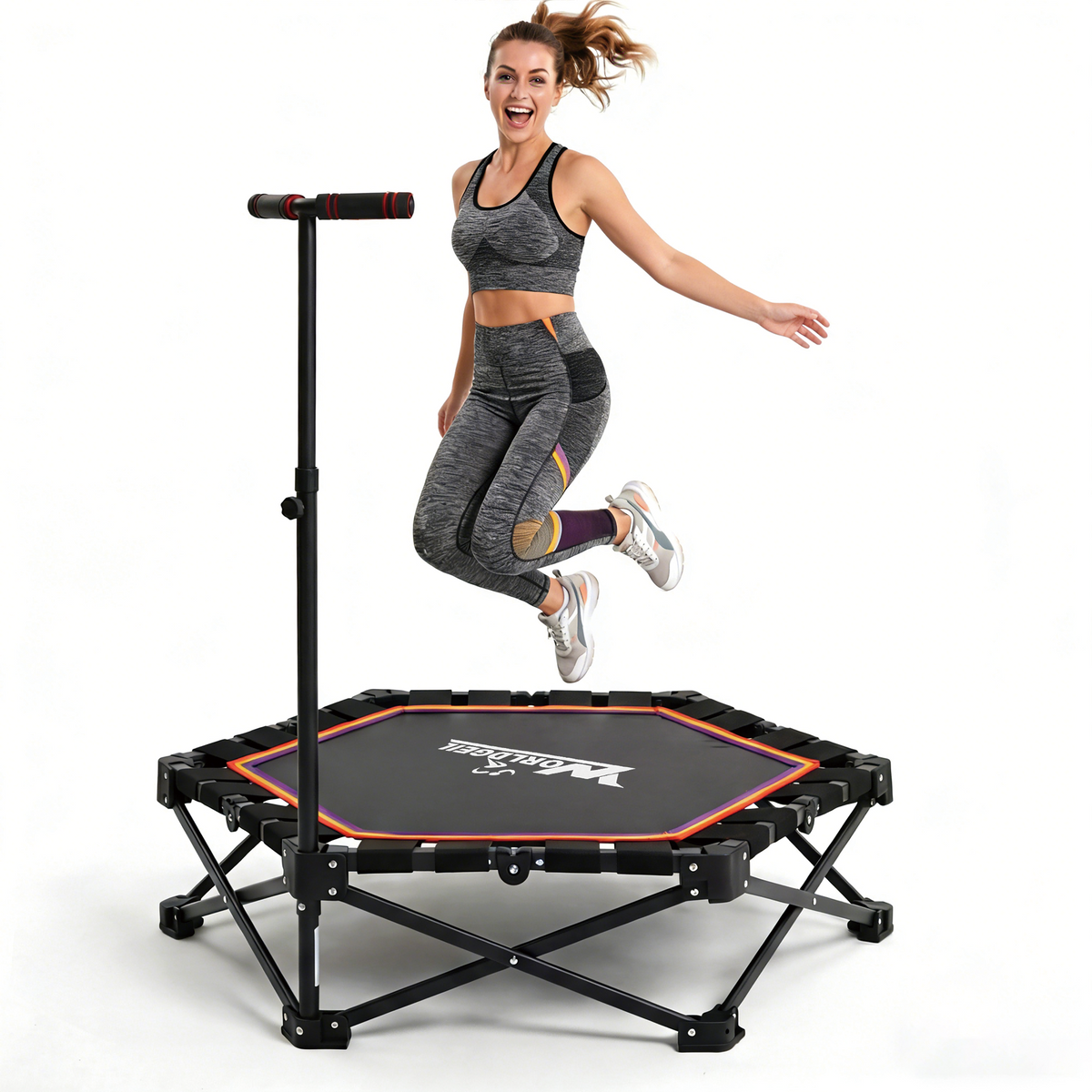 Indoor Folding Trampoline, Mini Trampoline with Height-adjustable Handrails, 150 kg Weight Capacity