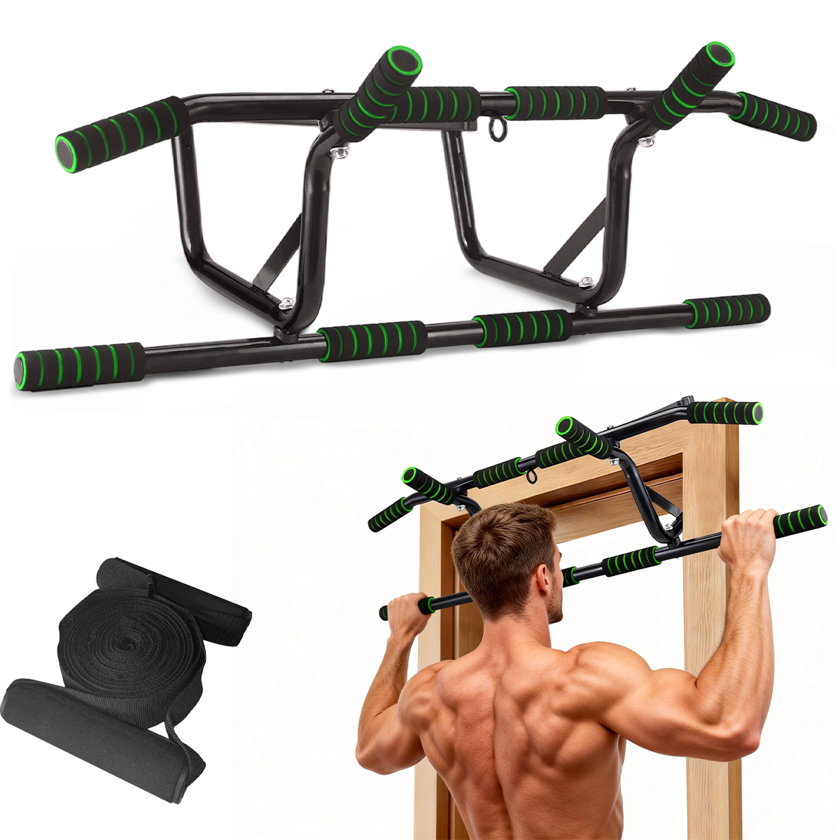 No-drill door-mounted single bar pull-up bar with soft padding and non-slip grip, weight capacity up to 200 kg