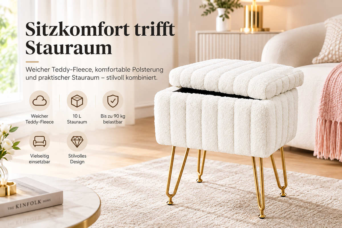 Storage Stool with Padded Seat – Compact Storage Ottoman Bench with Legs, 49 cm Height