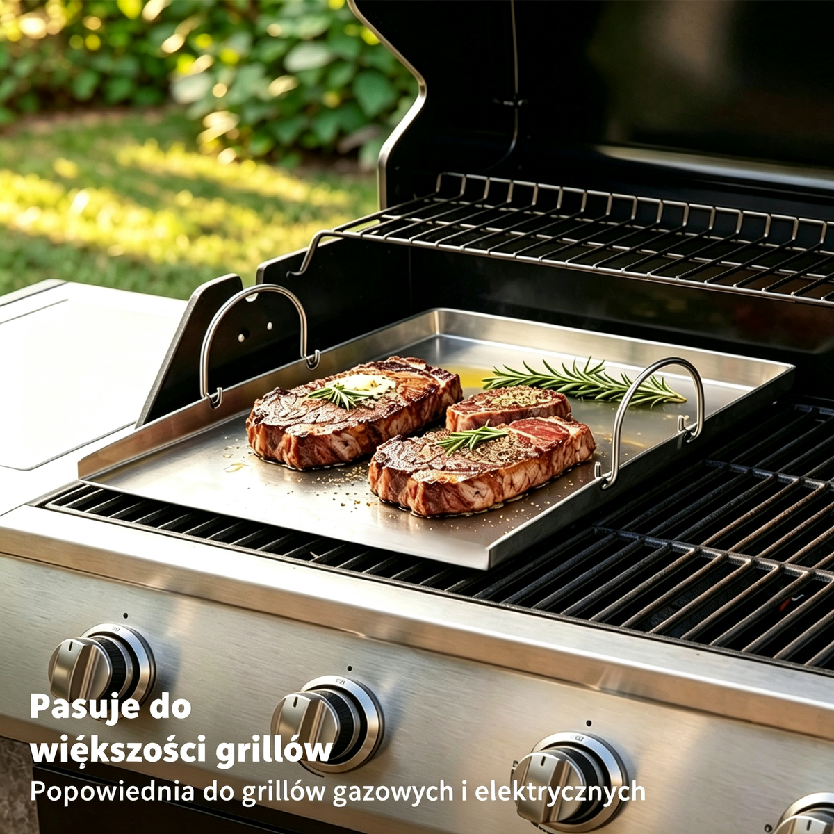 Grillplatte Edelstahl 40×30,5 cm mit 2 Spateln, Flasche & Bürste