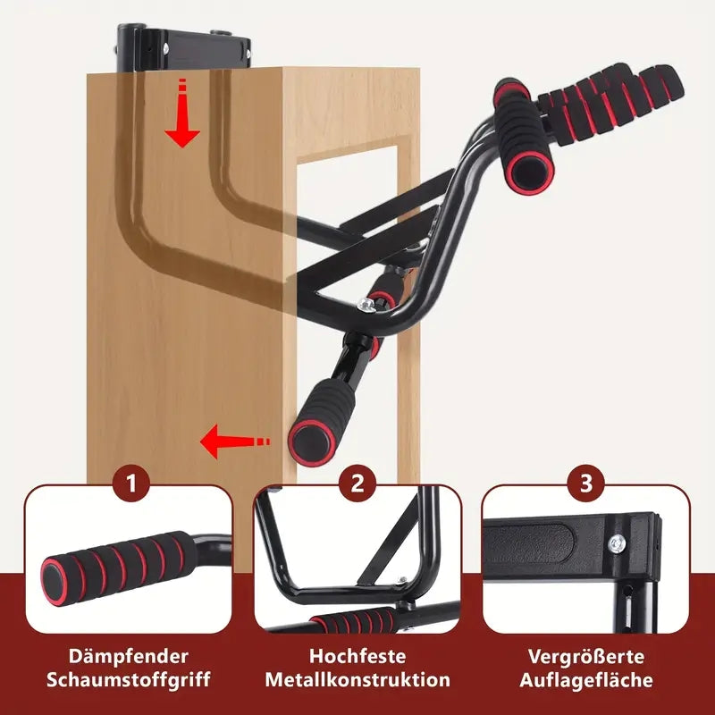 No-drill door-mounted single bar pull-up bar with soft padding and non-slip grip, weight capacity up to 200 kg