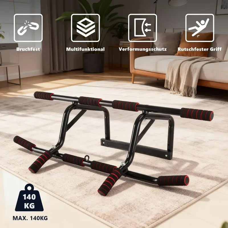 No-drill door-mounted single bar pull-up bar with soft padding and non-slip grip, weight capacity up to 200 kg