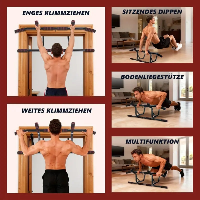No-drill door-mounted single bar pull-up bar with soft padding and non-slip grip, weight capacity up to 200 kg