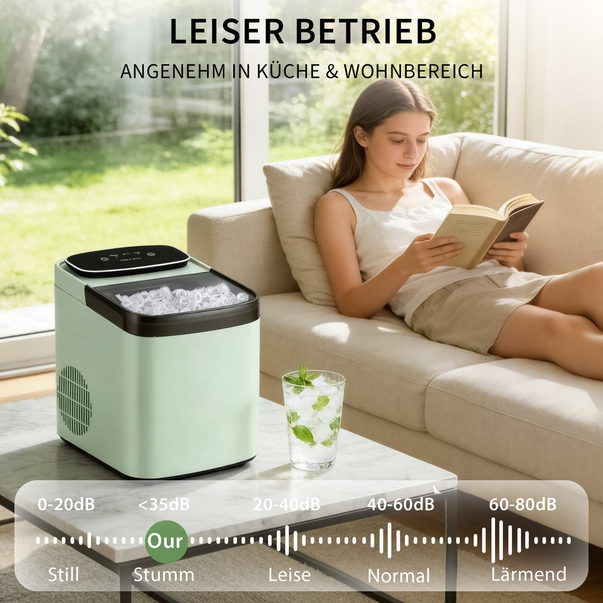 Kompakte Eiswürfelmaschine in Mint – 2 Eisgrößen, Selbstreinigung
