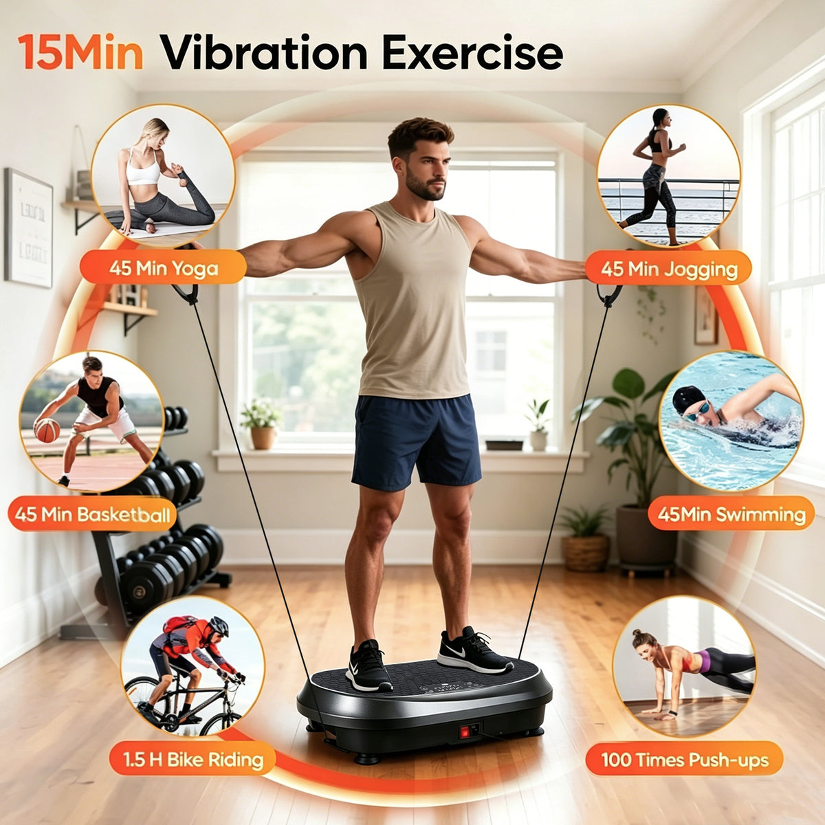 Home use exercise vibration plate High stability Non-slip foot pads Quiet operation Remote control Resistance band LED display