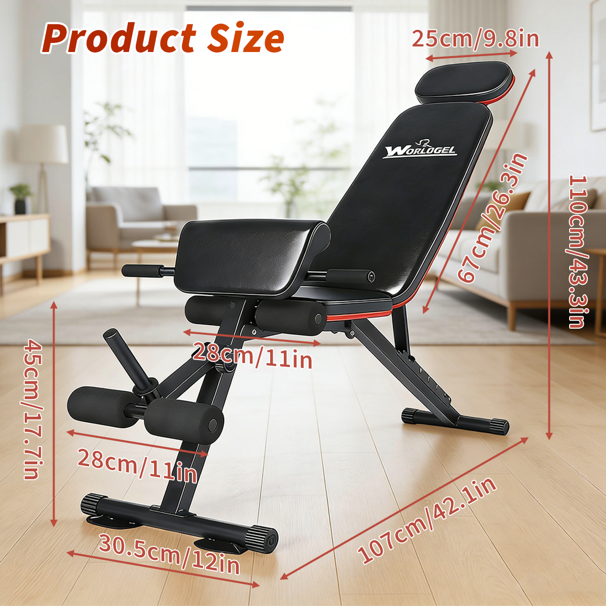 Foldable home weight bench, 7 adjustable backrest positions, 2 adjustable footrests, 100kg weight capacity
