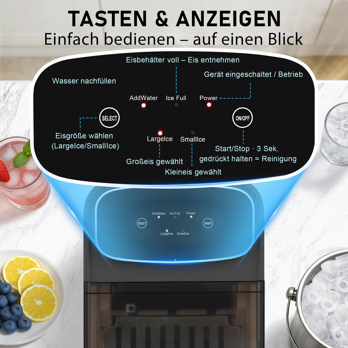 Kompakte Eiswürfelmaschine in Schwarz – 2 Eisgrößen, Selbstreinigung